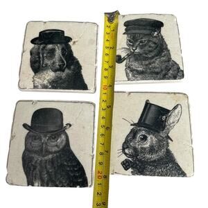 Anthropomorphic Animal Stone Tile Coasters Dog Cat Owl Rabbit Drawing Image READ